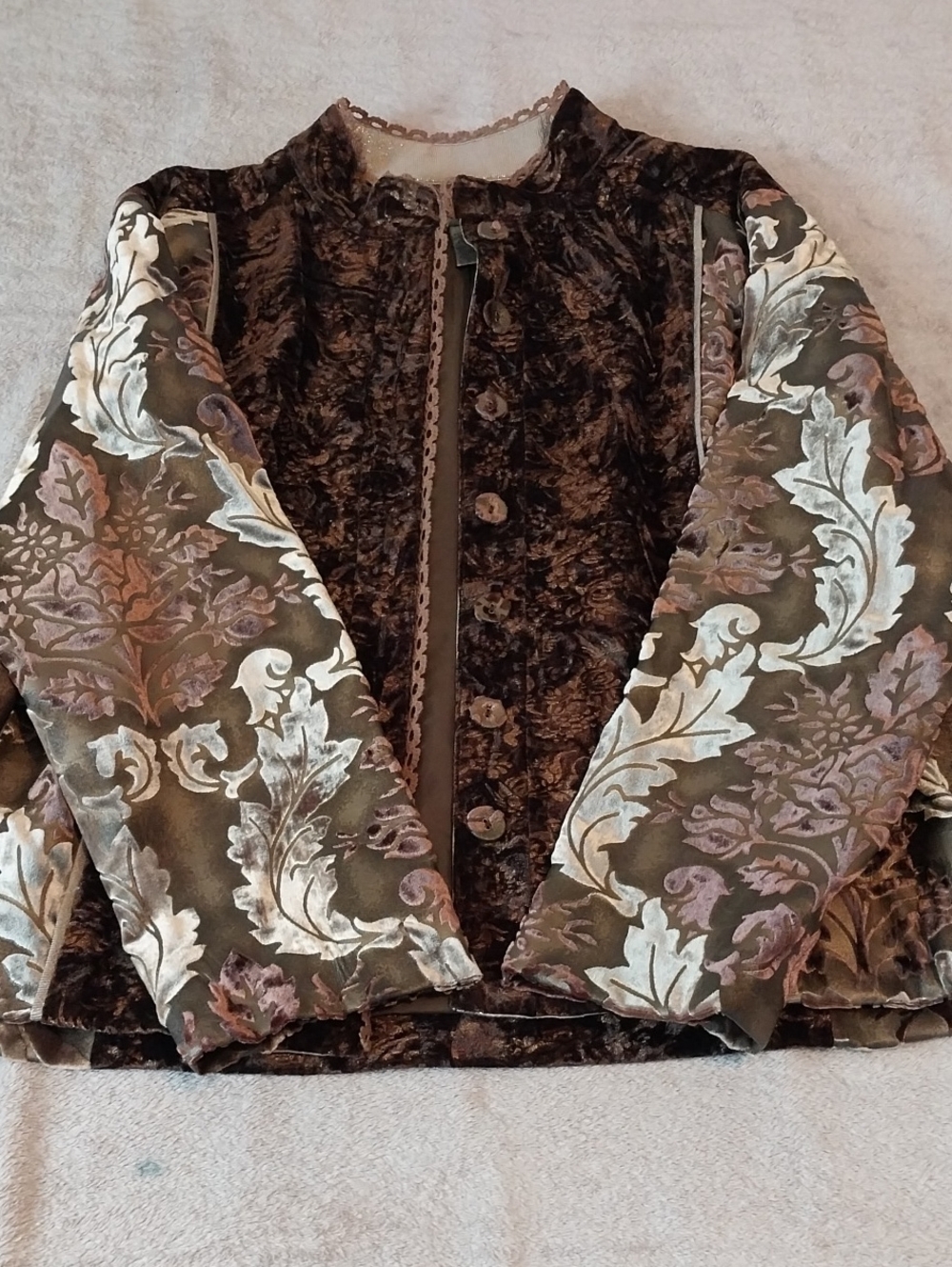 Women’s Brown Velvet & Brocade Jacket - Elegant Patterned Sleeve Coat